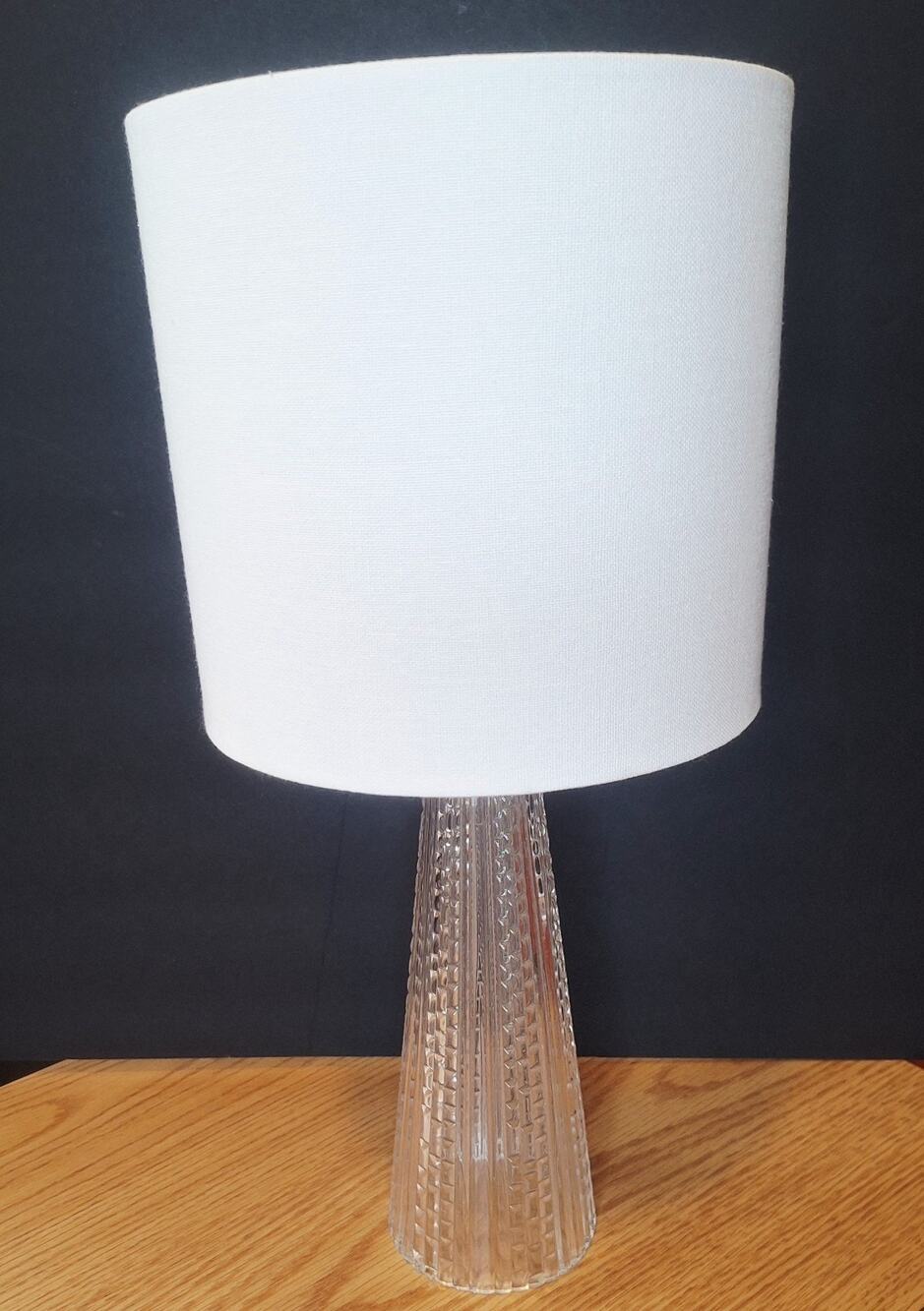 Mid-Century Modern Style Clear Pressed Glass Table Lamp White Drum Shade 16"